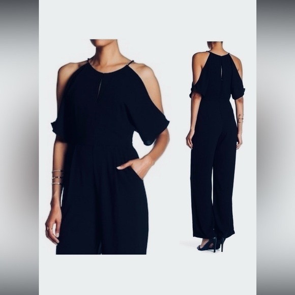 Adelyn Rae Black Cold-Shoulder Jumpsuit with Halter Neckline - Picture 1 of 16